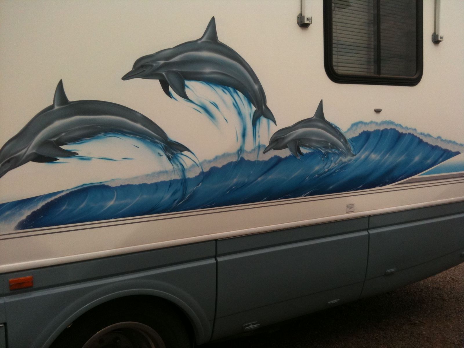 The side of a white motorhome airbrushed with three grey dolphins leaping out of a curling blue wave.